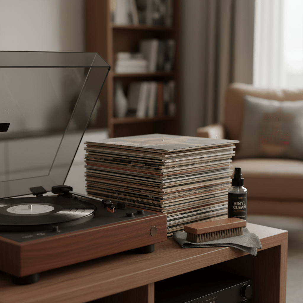 image Turntable with stack of vinyl records, cleaning brush, and vinyl cleaner on a wooden table, cozy living room in the background. | Sky Rye Design Turntable with stack of vinyl records, cleaning brush, and vinyl cleaner on a wooden table, cozy living room in the background.