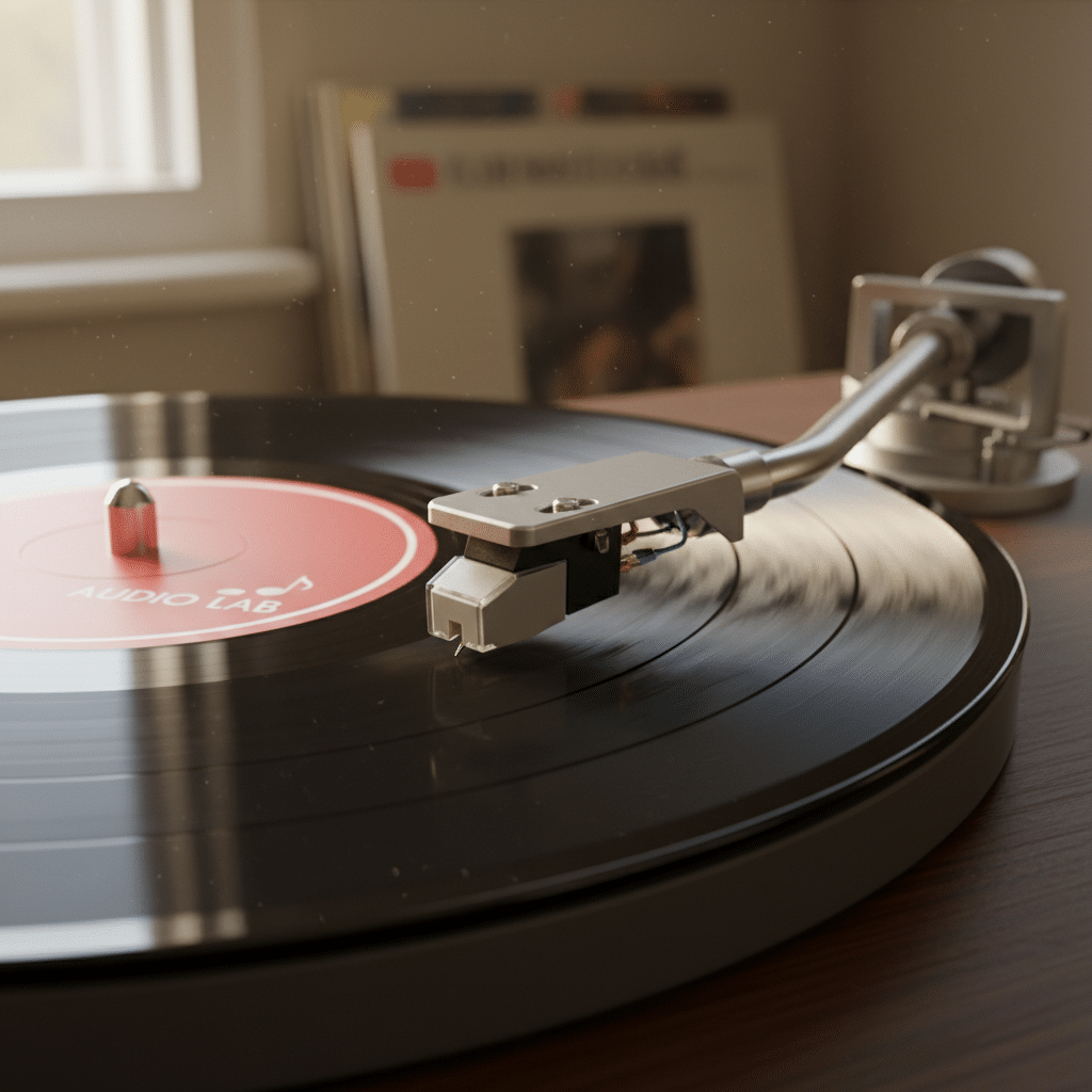 image Close-up of a vinyl record playing on a turntable with a focus on the tonearm, creating a nostalgic and vintage music atmosphere. | Sky Rye Design Close-up of a vinyl record playing on a turntable with a focus on the tonearm, creating a nostalgic and vintage music atmosphere.