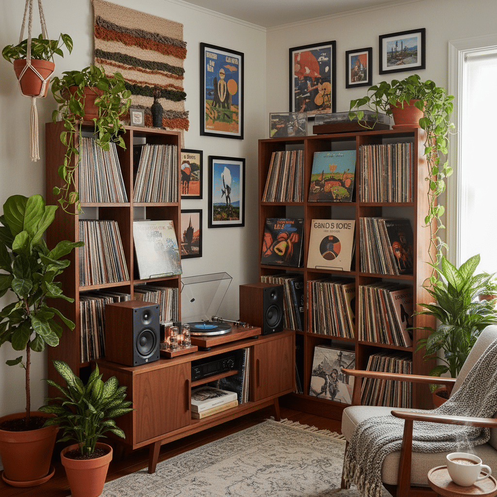 image Cozy vintage living room with vinyl records, mid-century furniture, turntable, plants, and framed art, creating a nostalgic music vibe. | Sky Rye Design Cozy vintage living room with vinyl records, mid-century furniture, turntable, plants, and framed art, creating a nostalgic music vibe.