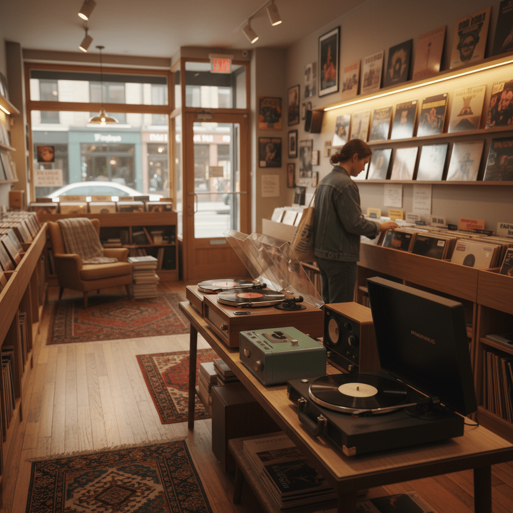 image Cozy record store interior with vinyl albums, turntables, and rugs. A person browsing LPs near a vintage setup. | Sky Rye Design Cozy record store interior with vinyl albums, turntables, and rugs. A person browsing LPs near a vintage setup.