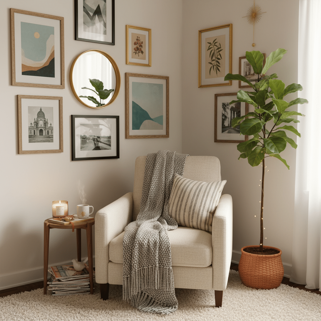 Cozy reading nook with an armchair, blanket, and plant. Art and mirror decorate the walls, creating a serene and stylish atmosphere.