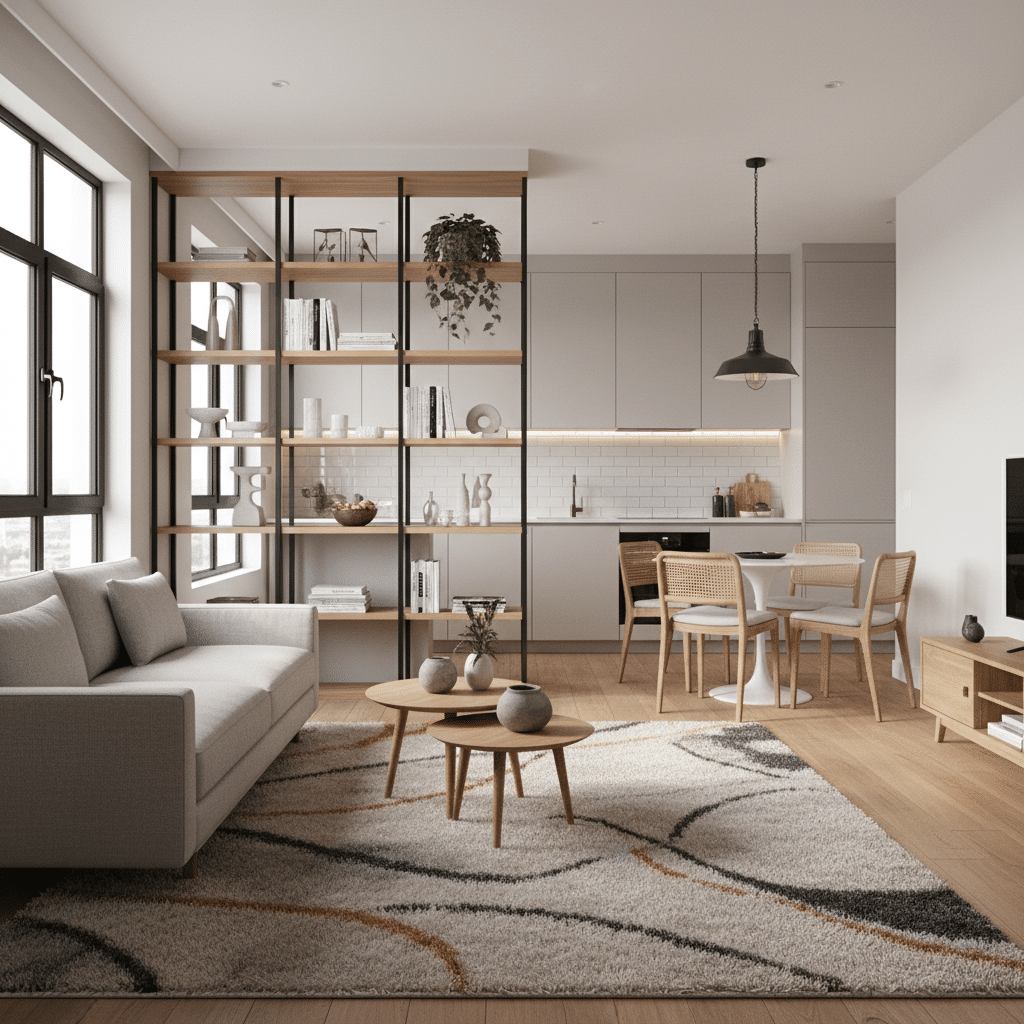 Modern open-plan living room and kitchen with neutral tones, featuring a cozy sofa, dining set, stylish shelving, and minimalist decor.