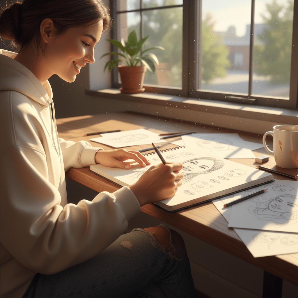 image Person sketching faces in a bright room with a cup of coffee and a plant on the table. | Sky Rye Design Person sketching faces in a bright room with a cup of coffee and a plant on the table.