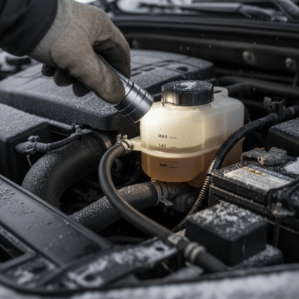 image Gloved hand checks car coolant level in a frosty engine bay with flashlight. Ensure vehicle maintenance for optimal performance. | Sky Rye Design Gloved hand checks car coolant level in a frosty engine bay with flashlight. Ensure vehicle maintenance for optimal performance.