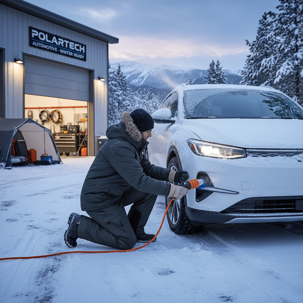 image Man plugs electric car into charger at snowy auto shop, mountain backdrop. Winter readiness at Polartech Automotive. | Sky Rye Design Man plugs electric car into charger at snowy auto shop, mountain backdrop. Winter readiness at Polartech Automotive.