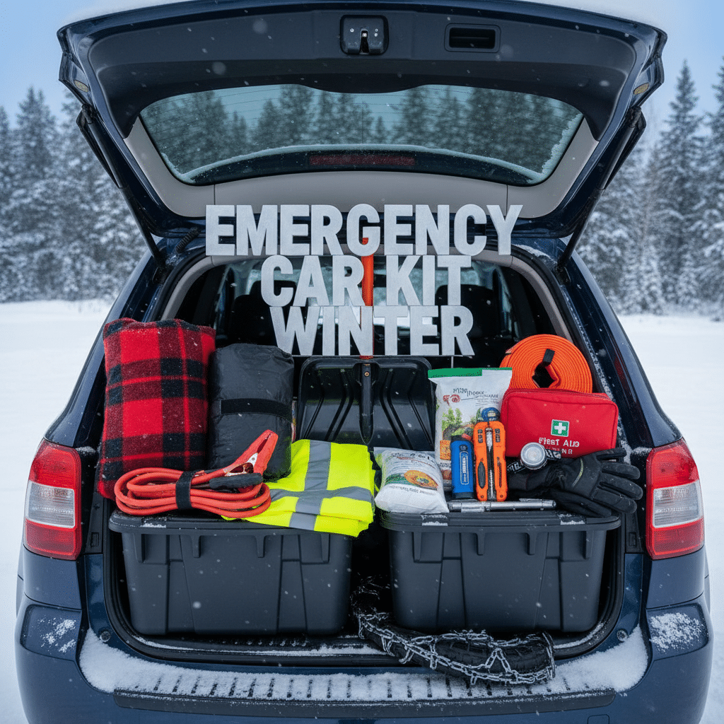 image Winter emergency car kit with essential supplies like blankets, first aid kit, jumper cables, and more in a snowy forest setting. | Sky Rye Design Winter emergency car kit with essential supplies like blankets, first aid kit, jumper cables, and more in a snowy forest setting.