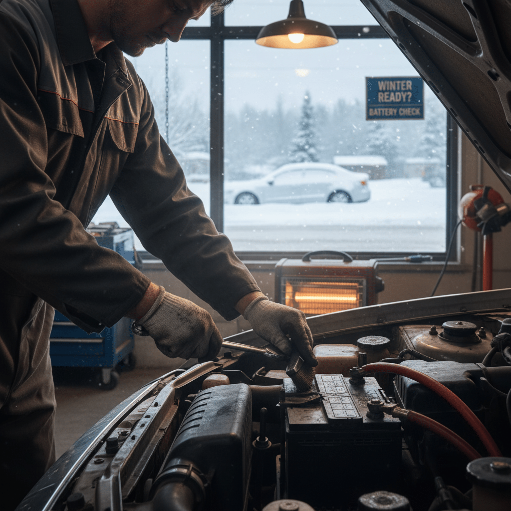 image Mechanic checks car battery for winter readiness in a garage while snow falls outside. Heater nearby for warmth. | Sky Rye Design Mechanic checks car battery for winter readiness in a garage while snow falls outside. Heater nearby for warmth.
