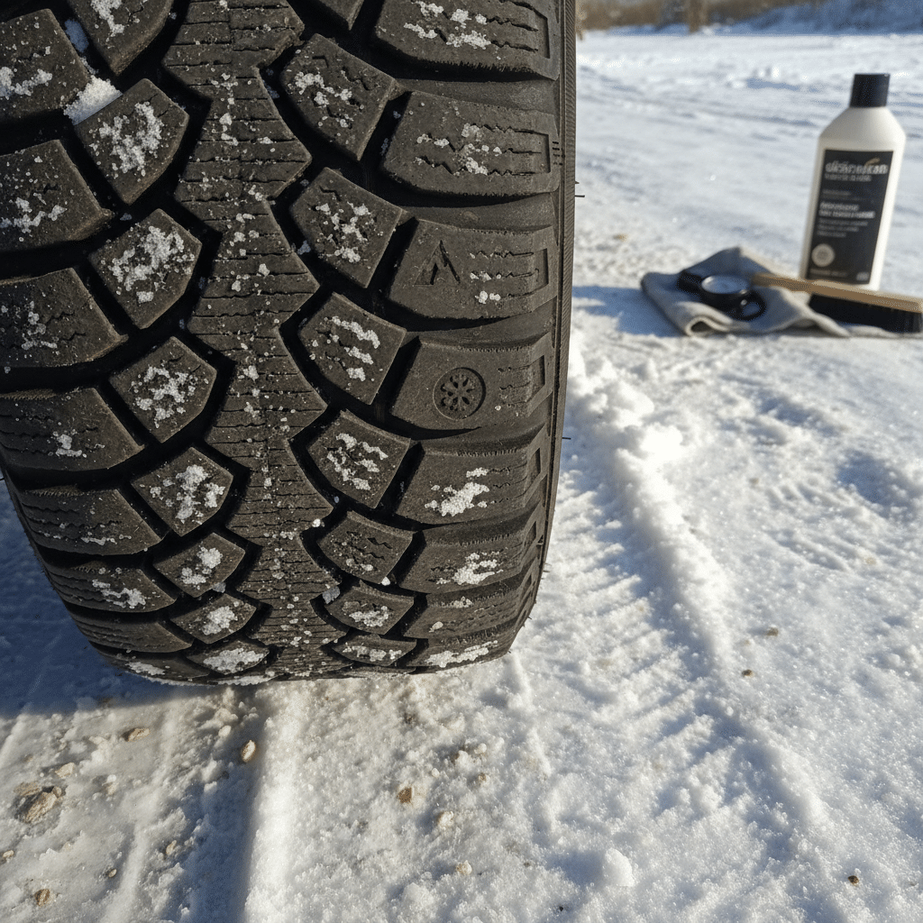 image Close-up of a winter tire on snowy ground, emphasizing tread pattern. Nearby, cleaning tools and products are visible. Ideal for winter driving. | Sky Rye Design Close-up of a winter tire on snowy ground, emphasizing tread pattern. Nearby, cleaning tools and products are visible. Ideal for winter driving.