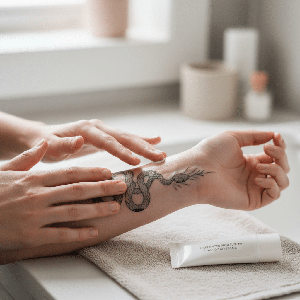 Person applying unscented moisturizer to arm tattoo of a snake, highlighting tattoo aftercare routine on a bathroom counter.
