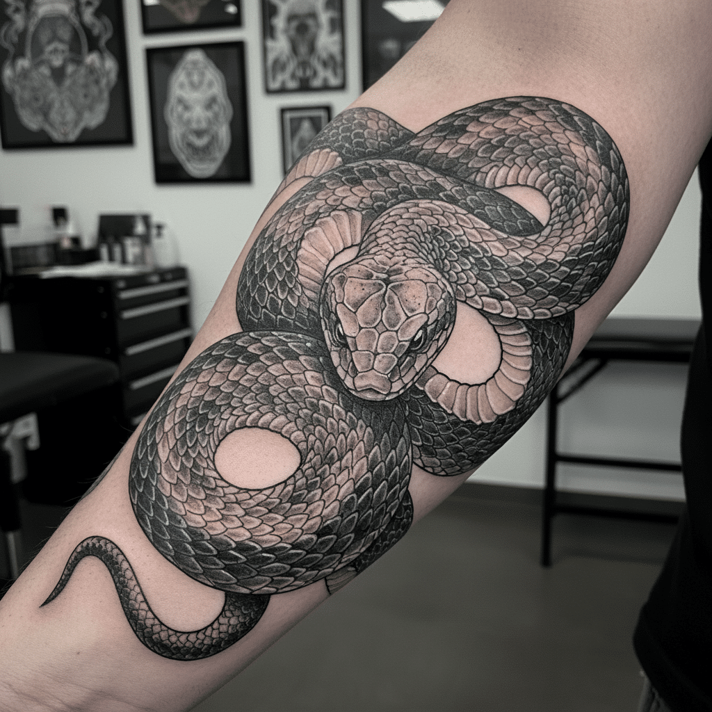 Detailed black snake tattoo wrapped around a person's arm in a tattoo studio setting.