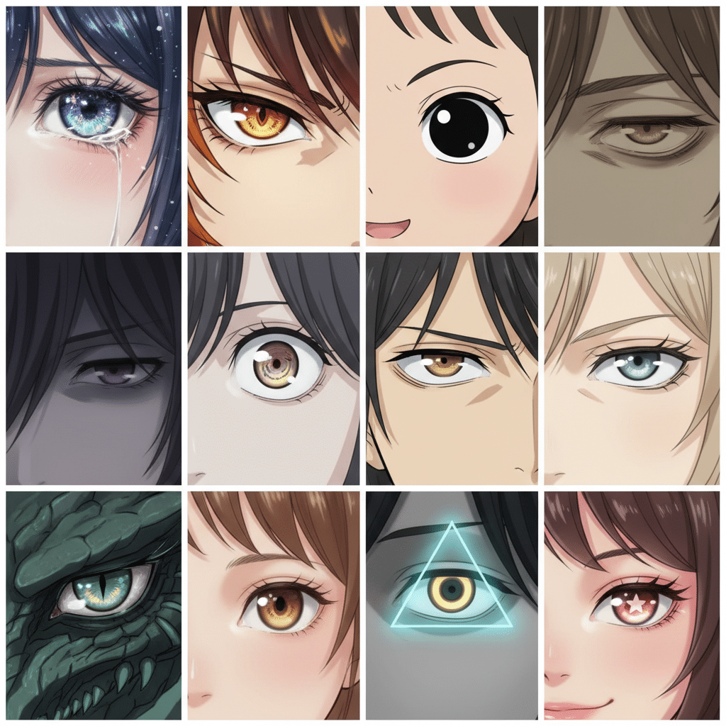 Collage of expressive anime eyes showcasing diverse styles and emotions in a 3x4 grid, featuring vibrant colors and detailed artwork.
