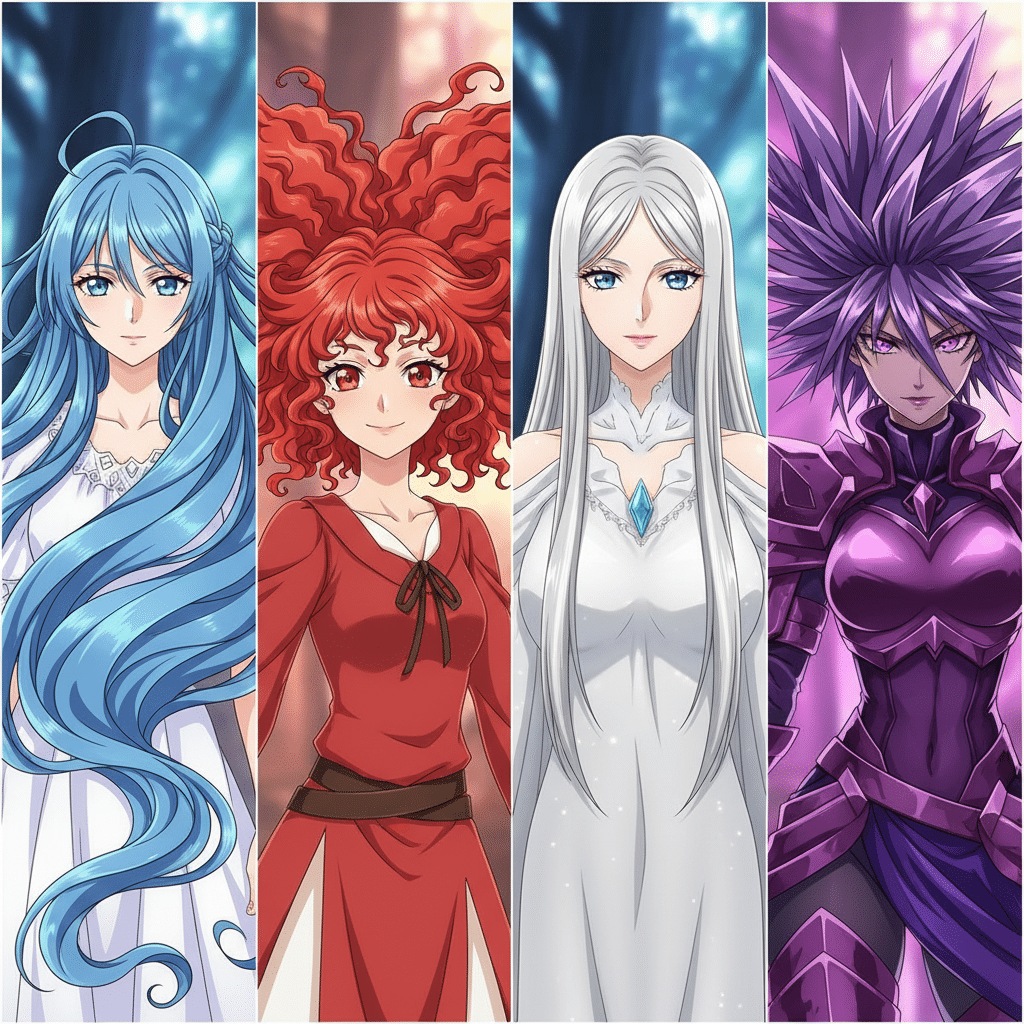 Four anime characters with vibrant hairstyles and outfits: blue, red, silver, and purple themes in a fantasy setting.