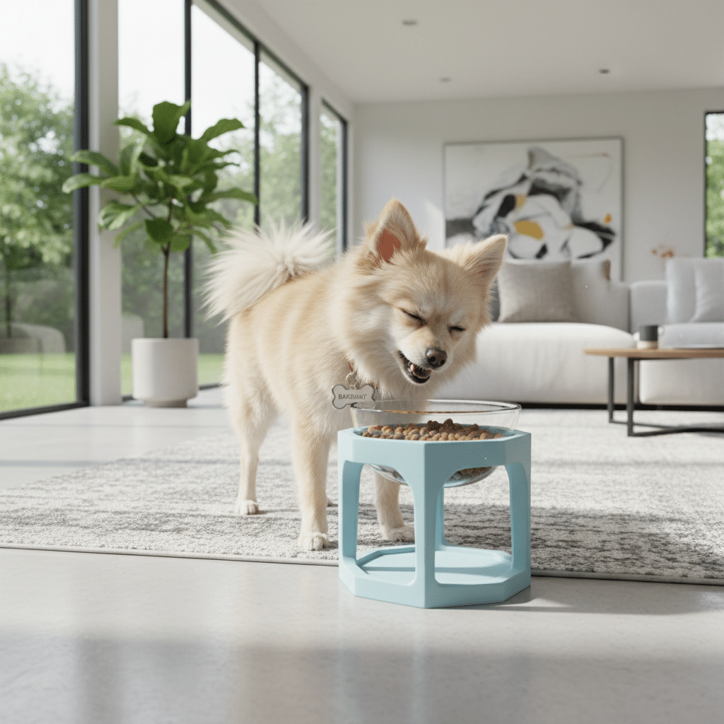 Adorable fluffy dog enjoying a meal from a blue elevated bowl in a modern, sunlit living room with large windows and contemporary decor.
