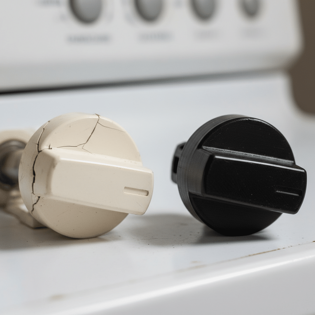 Old cracked oven knob next to a new black replacement on a white stove background, highlighting appliance repair or upgrade.
