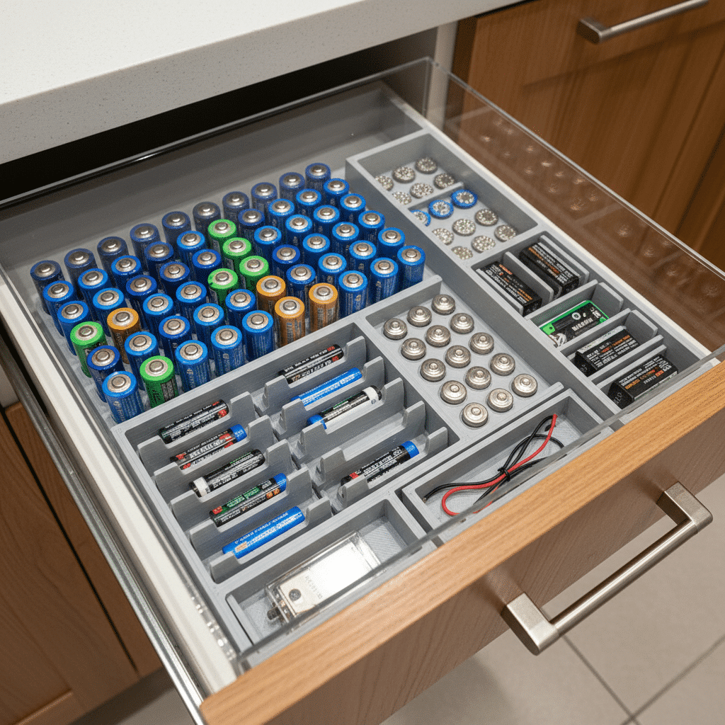 Organized battery storage drawer with various sizes: AA, AAA, C, and D cells neatly arranged in compartmentalized sections.
