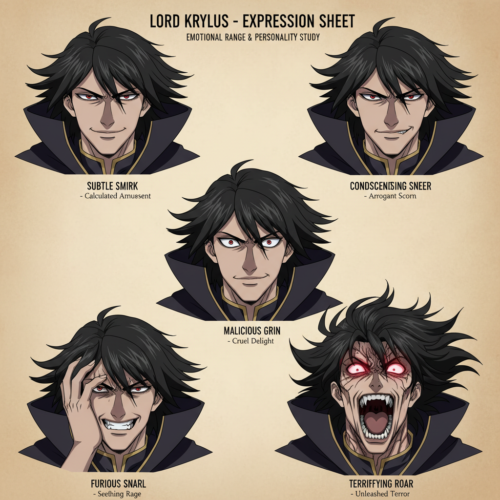 image Expression sheet of Lord Krylus with five distinct emotions: subtle smirk, condescending sneer, malicious grin, furious snarl, terrifying roar. | Sky Rye Design Expression sheet of Lord Krylus with five distinct emotions: subtle smirk, condescending sneer, malicious grin, furious snarl, terrifying roar.