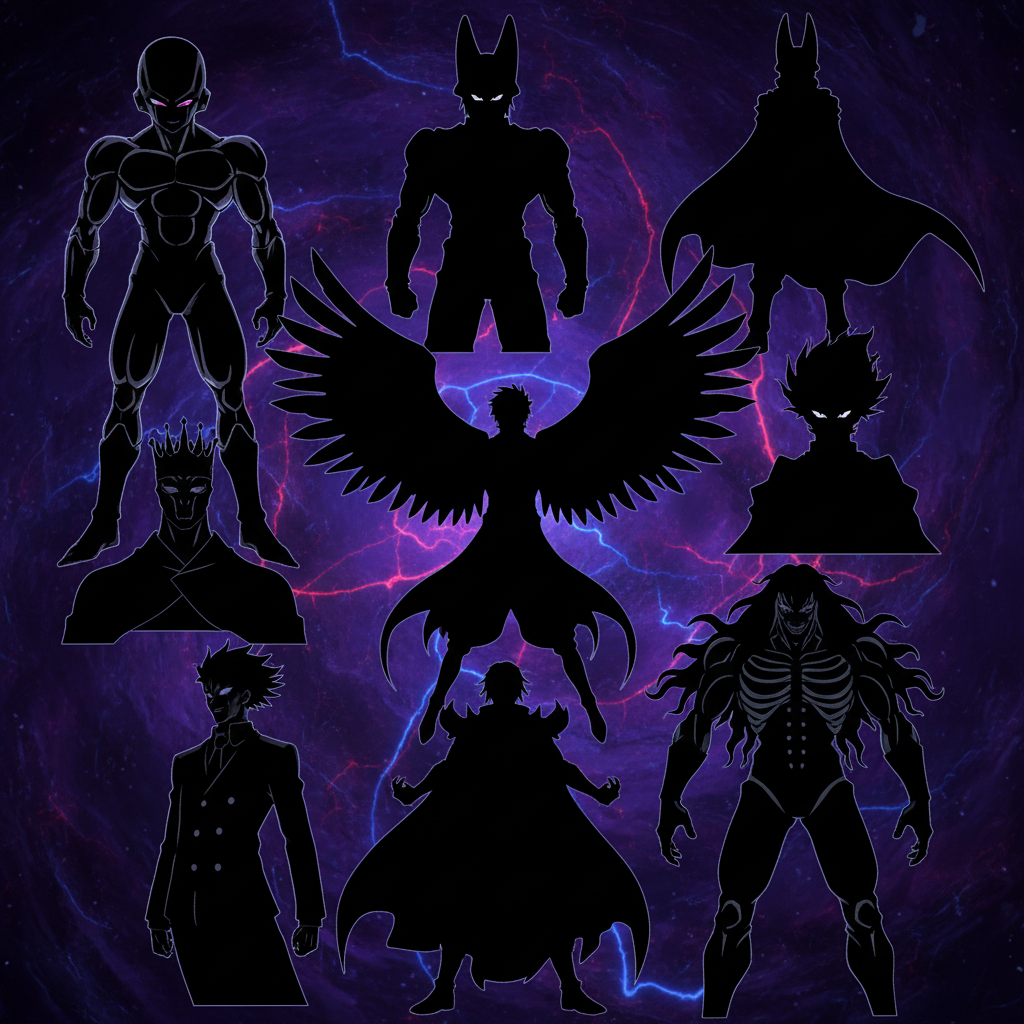 image Silhouettes of powerful anime characters against a cosmic background, showcasing dramatic poses and various unique designs. | Sky Rye Design Silhouettes of powerful anime characters against a cosmic background, showcasing dramatic poses and various unique designs.