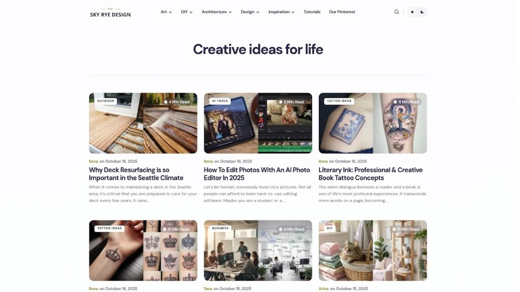 Website homepage showcasing creative blog articles on deck resurfacing, AI photo editing, tattoo ideas, and more.