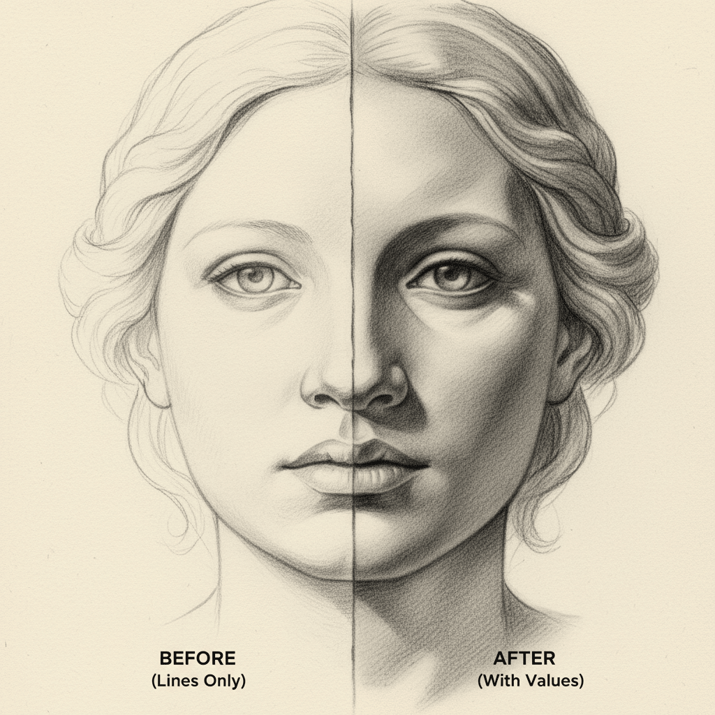 image Split face drawing comparison: left side outlines, right side shaded with values for depth effect. | Sky Rye Design Split face drawing comparison: left side outlines, right side shaded with values for depth effect.
