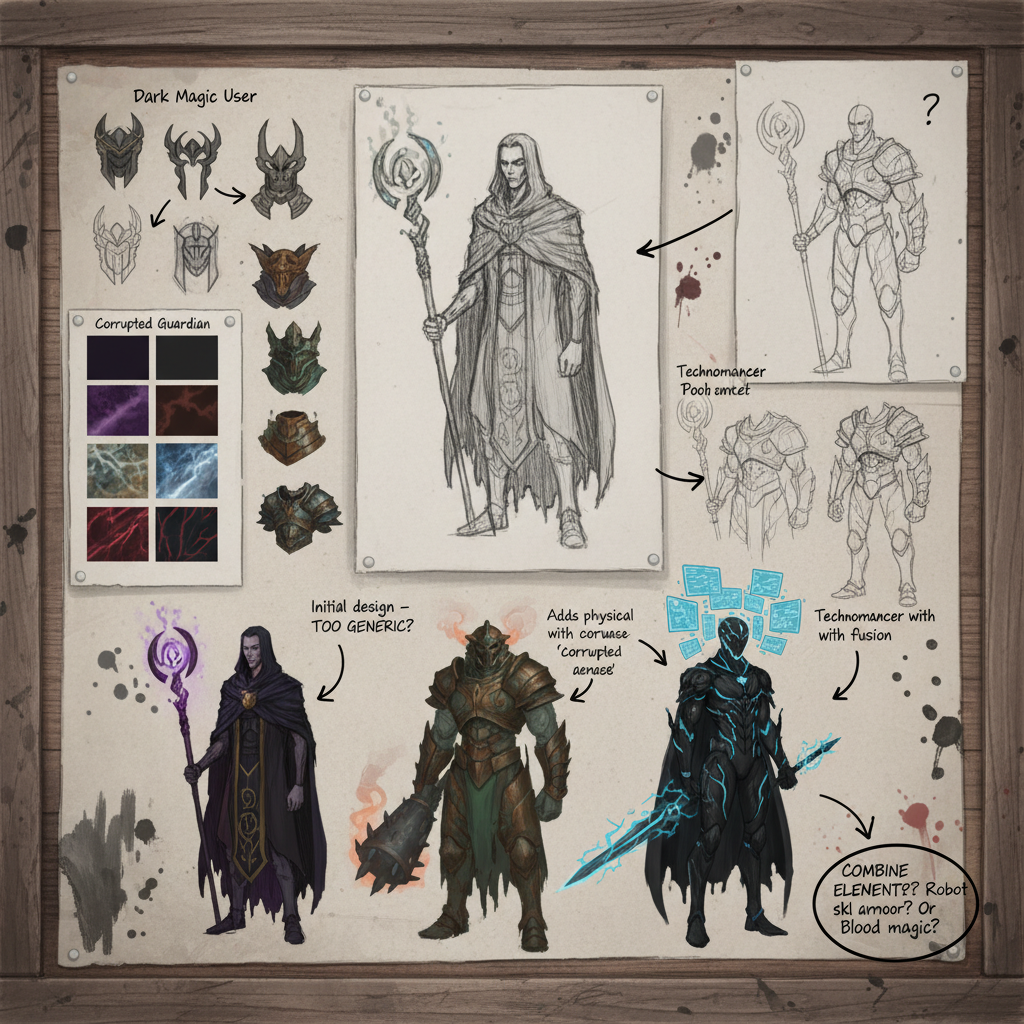 image Fantasy character design concepts featuring dark magic users, technomancers, and corrupted guardians with sketches, artifacts, and annotations. | Sky Rye Design Fantasy character design concepts featuring dark magic users, technomancers, and corrupted guardians with sketches, artifacts, and annotations.