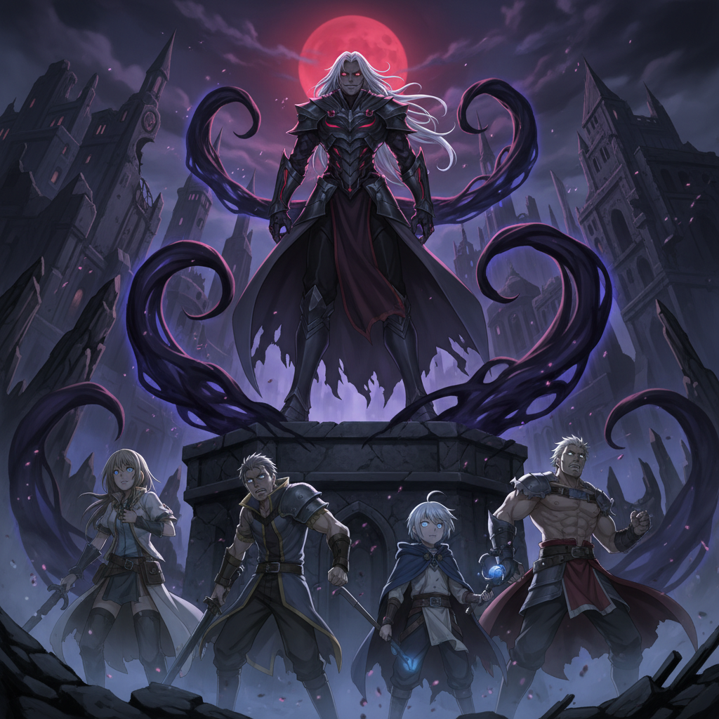 image Epic fantasy scene: dark-armored villain under red moon with heroic quartet ready for battle, set against a gothic castle backdrop. | Sky Rye Design Epic fantasy scene: dark-armored villain under red moon with heroic quartet ready for battle, set against a gothic castle backdrop.