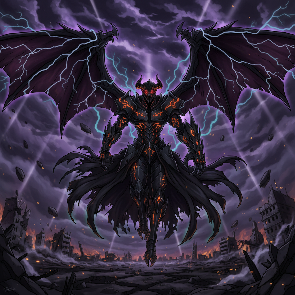 image Epic dark-armored winged figure hovering over a desolate cityscape amidst stormy skies and lightning. Fantasy art, powerful and dramatic scene. | Sky Rye Design Epic dark-armored winged figure hovering over a desolate cityscape amidst stormy skies and lightning. Fantasy art, powerful and dramatic scene.