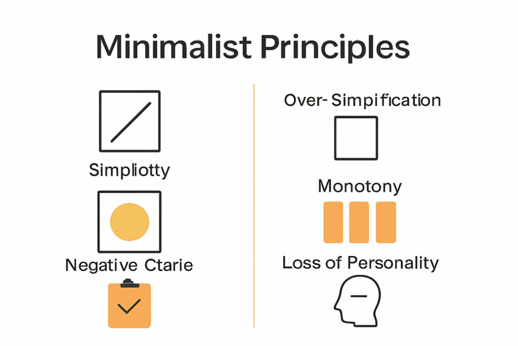 Diagram showing minimalist principles: simplicity, negative space vs. pitfalls of over-simplification, monotony, and loss of personality.