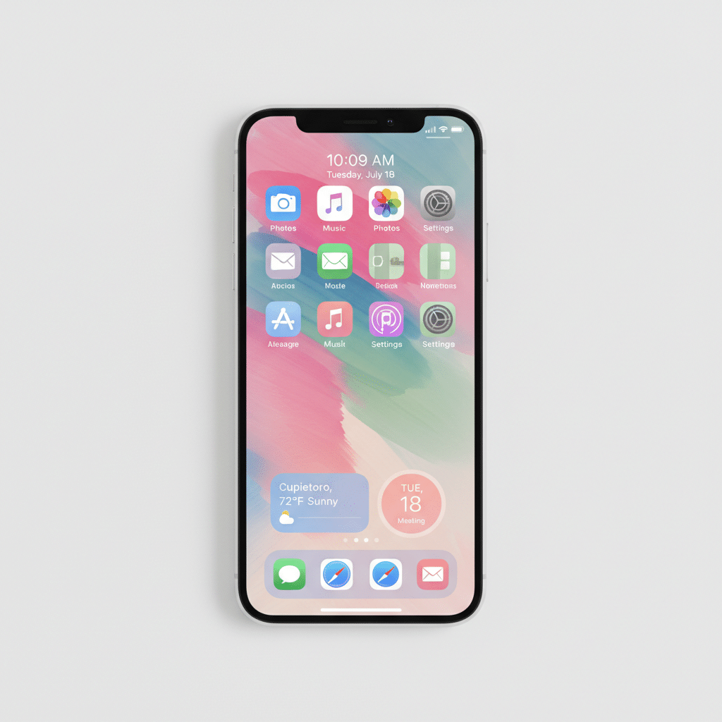image Smartphone displaying colorful home screen apps, July 18, 10:09 AM, Cupertino weather widget, modern design. | Sky Rye Design Smartphone displaying colorful home screen apps, July 18, 10:09 AM, Cupertino weather widget, modern design.