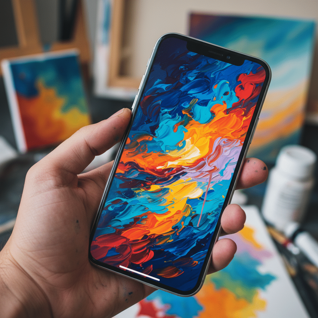 image Smartphone displaying vibrant abstract art, held in paint-splattered hand, surrounded by colorful artworks and painting supplies. | Sky Rye Design Smartphone displaying vibrant abstract art, held in paint-splattered hand, surrounded by colorful artworks and painting supplies.