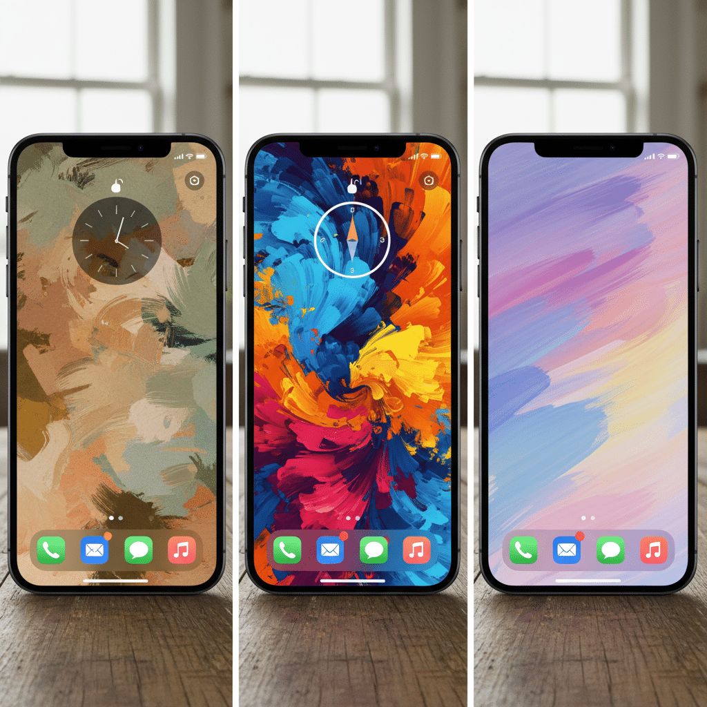 image Three smartphones displaying vibrant abstract wallpapers with app icons, set against a blurred window background. Perfect for tech and art themes. | Sky Rye Design Three smartphones displaying vibrant abstract wallpapers with app icons, set against a blurred window background. Perfect for tech and art themes.