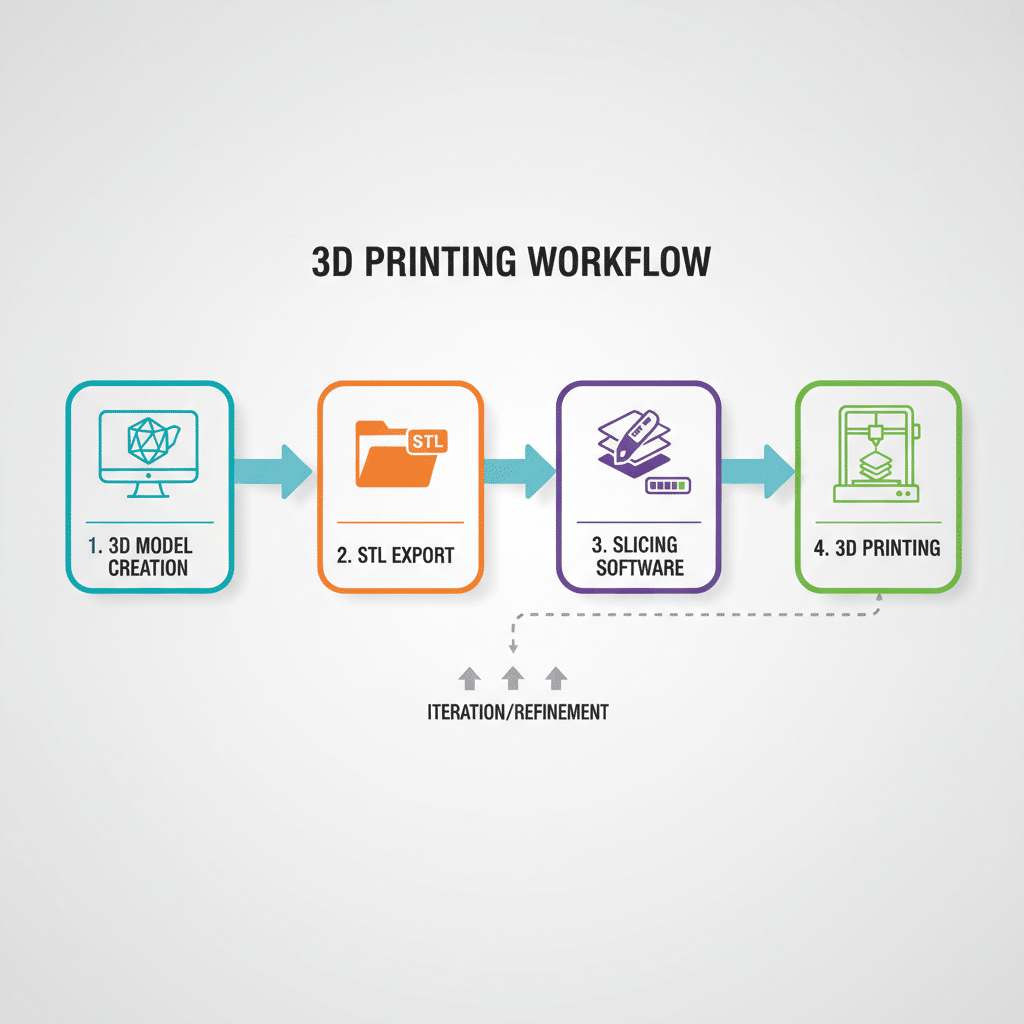 Illustration showing a 3D printing workflow: model creation, STL export, slicing software, and printing with iteration/refinement steps.