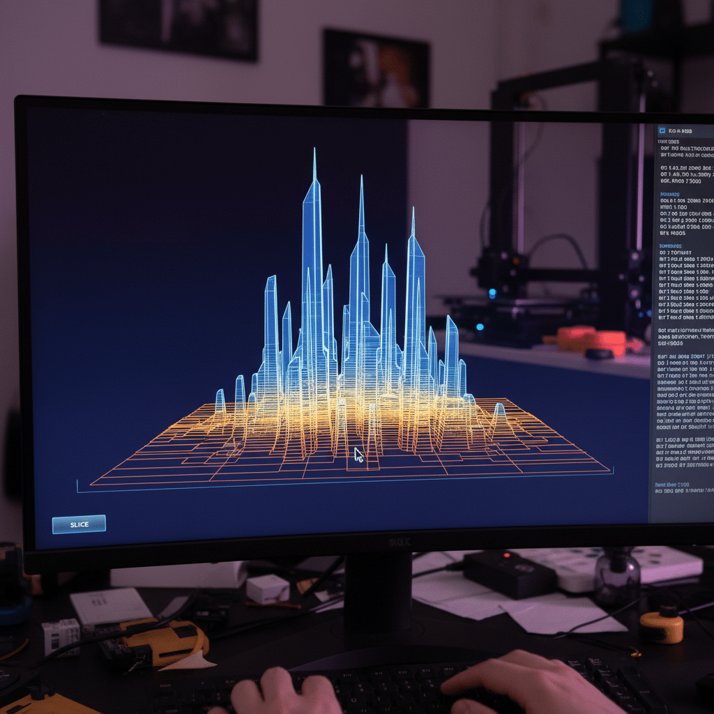 3D modeling software on a monitor displays a complex wireframe design in blue and orange, with hands typing on a keyboard.