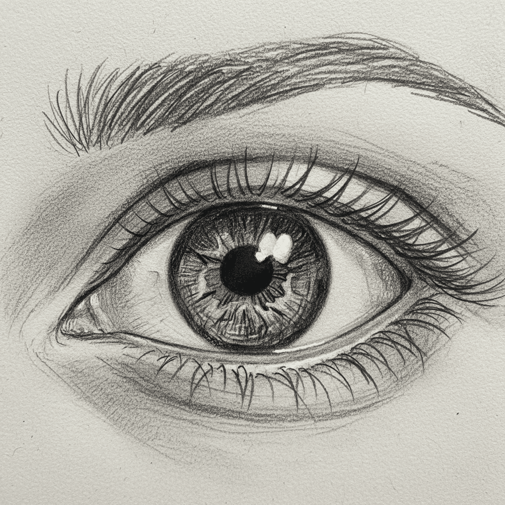 image Pencil sketch of a detailed human eye with intricate details of iris and eyelashes. | Sky Rye Design Pencil sketch of a detailed human eye with intricate details of iris and eyelashes.