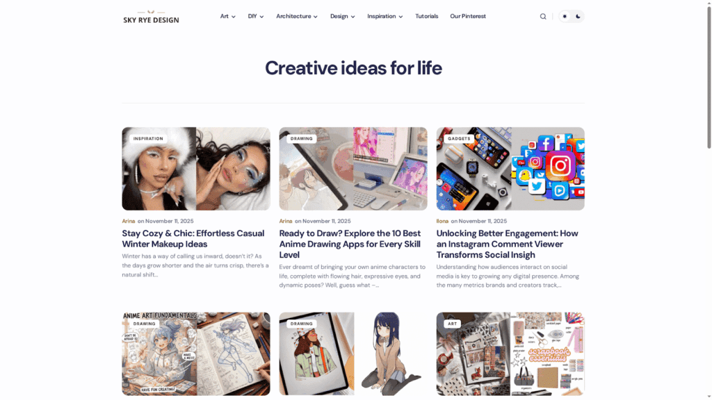 image Homepage of Sky Rye Design website featuring articles on makeup, drawing apps, and social media engagement insights. | Sky Rye Design Homepage of Sky Rye Design website featuring articles on makeup, drawing apps, and social media engagement insights.