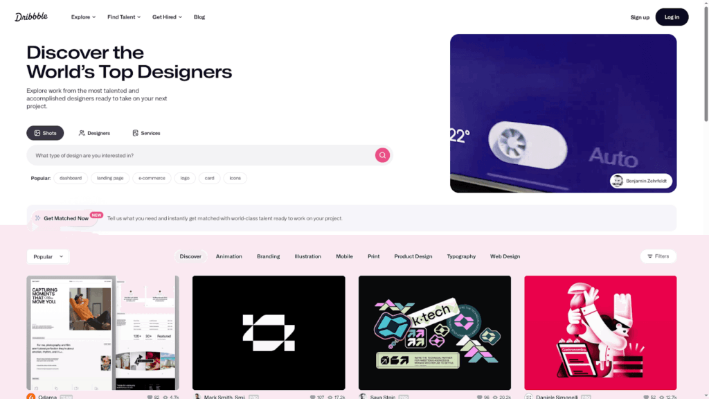 image Dribbble homepage showcasing top designers and featured design projects. Search and filter options for various design categories included. | Sky Rye Design Dribbble homepage showcasing top designers and featured design projects. Search and filter options for various design categories included.