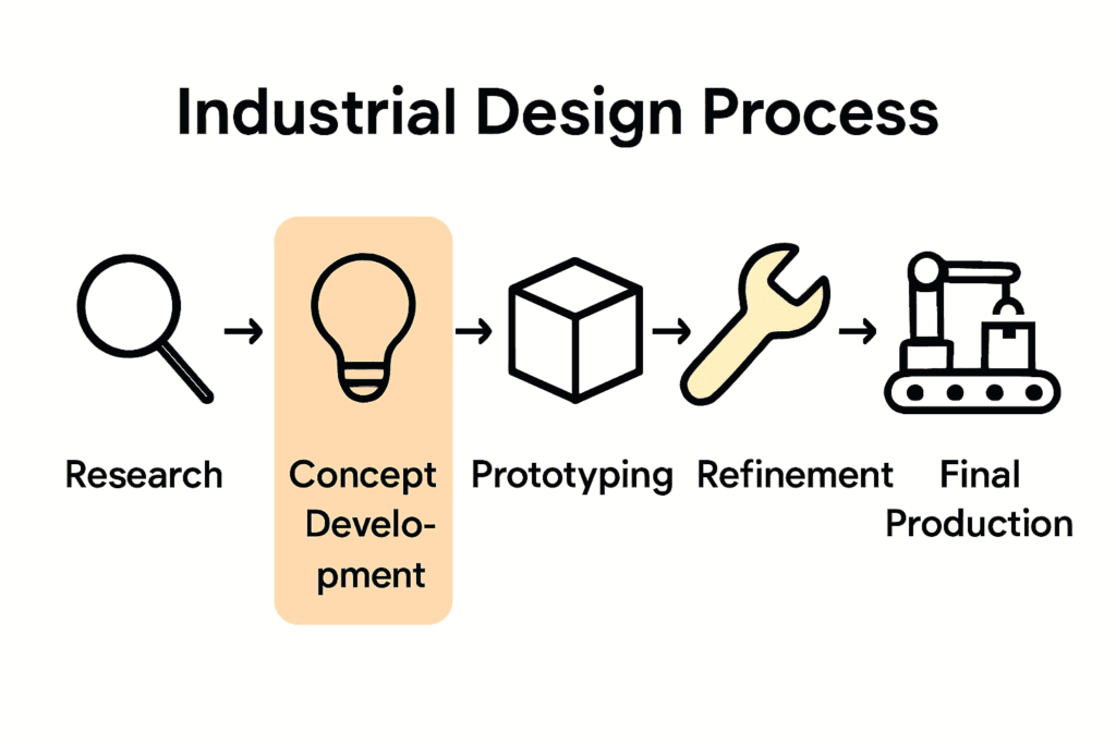 image Industrial Design Process flowchart: Research, Concept Development, Prototyping, Refinement, Final Production, with icons for each stage. | Sky Rye Design Industrial Design Process flowchart: Research, Concept Development, Prototyping, Refinement, Final Production, with icons for each stage.
