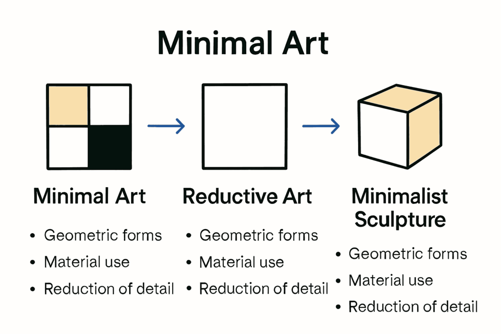 Diagram illustrating minimal art's evolution into reductive art and minimalist sculpture, highlighting geometric forms and material use.