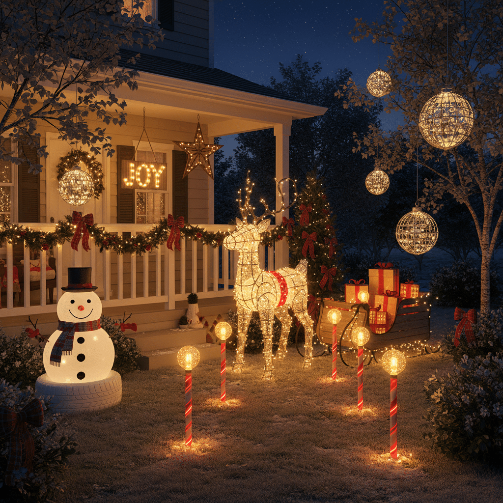 image Festive holiday porch with lighted snowman, reindeer, and gift-filled sleigh, surrounded by joyful decorations and glowing orbs at night. | Sky Rye Design Festive holiday porch with lighted snowman, reindeer, and gift-filled sleigh, surrounded by joyful decorations and glowing orbs at night.