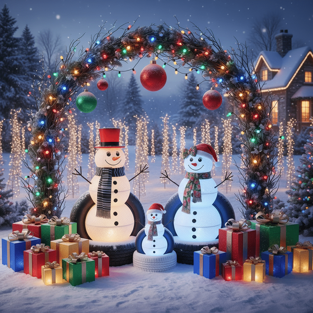 image Festive snowmen family under a colorful, lit archway surrounded by snow and presents, with a cozy house in the background. | Sky Rye Design Festive snowmen family under a colorful, lit archway surrounded by snow and presents, with a cozy house in the background.