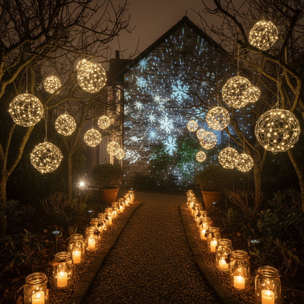 image Enchanting winter garden path with glowing lanterns, twinkling snowflake lights, and festive atmosphere at night. | Sky Rye Design Enchanting winter garden path with glowing lanterns, twinkling snowflake lights, and festive atmosphere at night.