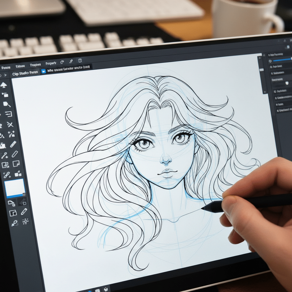 Person drawing a detailed female manga character on a digital tablet with a stylus, showcasing art skills and creativity.