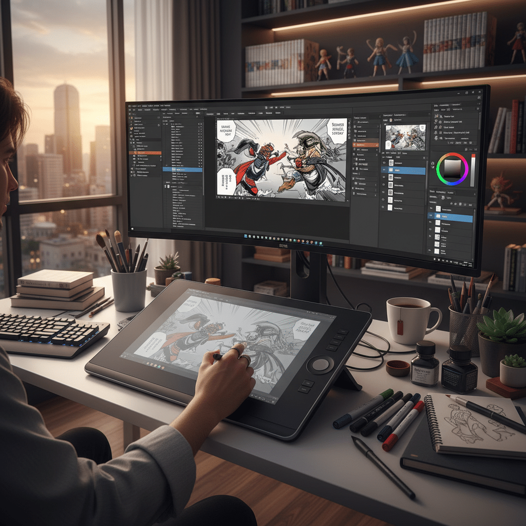 Artist working on a digital comic illustration using a tablet and dual monitors, with a city view and creative desk setup around.