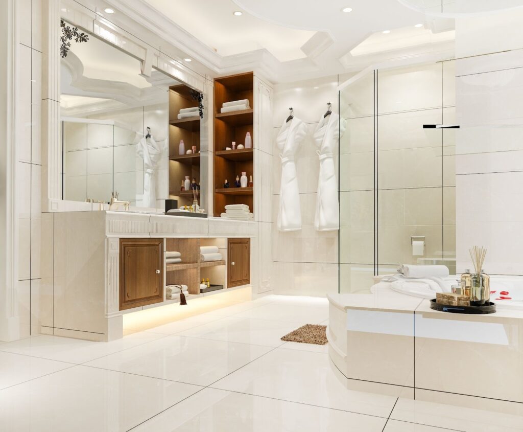 image Luxurious white bathroom with elegant cabinetry, large mirrors, and plush robes, creating a serene and spa-like atmosphere. | Sky Rye Design Luxurious white bathroom with elegant cabinetry, large mirrors, and plush robes, creating a serene and spa-like atmosphere.