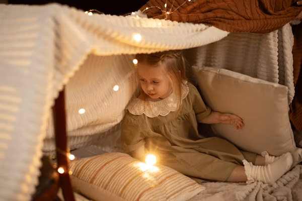 Child playing in a cozy blanket fort with soft lighting and pillows, wearing a green dress with a white collar, creating a warm atmosphere.