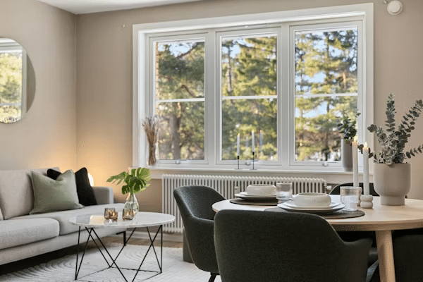 Bright, modern living room with a cozy sofa, round table, green chairs, and large windows overlooking trees, creating a serene ambiance.