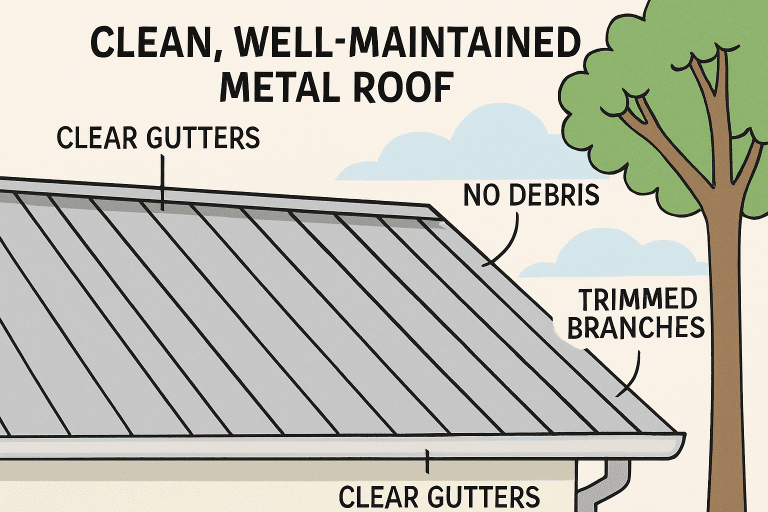 Illustration of a clean metal roof with clear gutters, no debris, and trimmed branches for optimal maintenance and longevity.