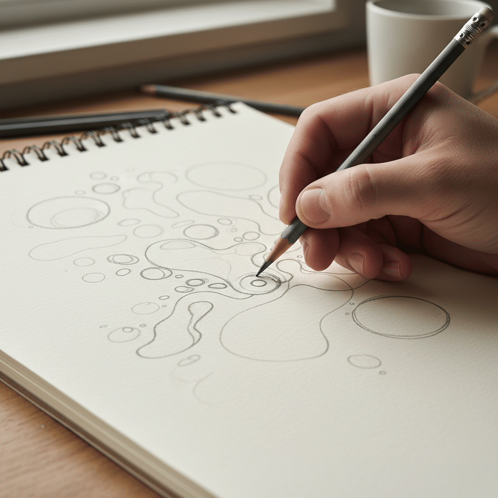 Hand sketching abstract shapes on paper with a pencil, surrounded by art supplies on a wooden desk near a window.