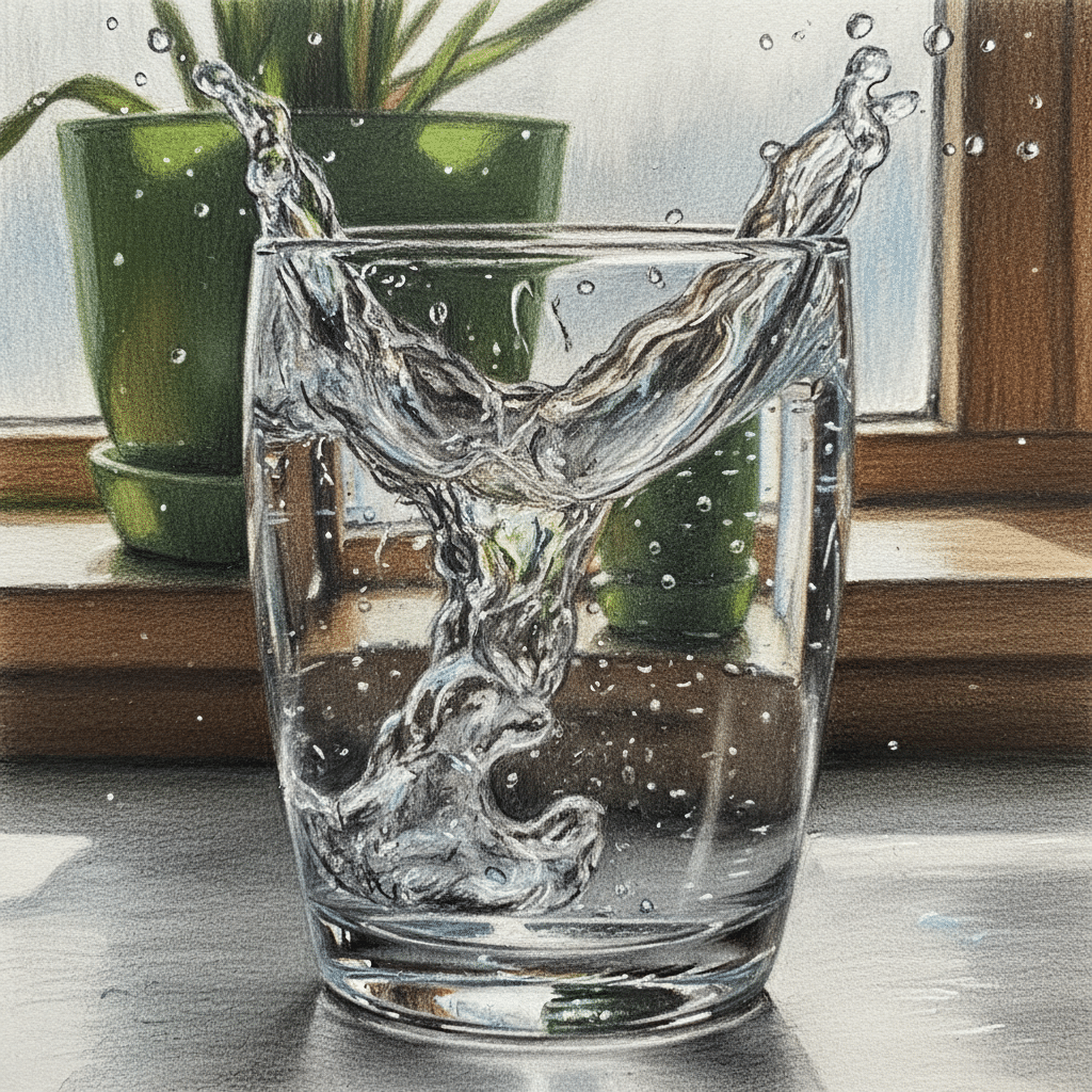 Water splash in a glass with plants in the background on a sunny windowsill, creating a refreshing vibe.