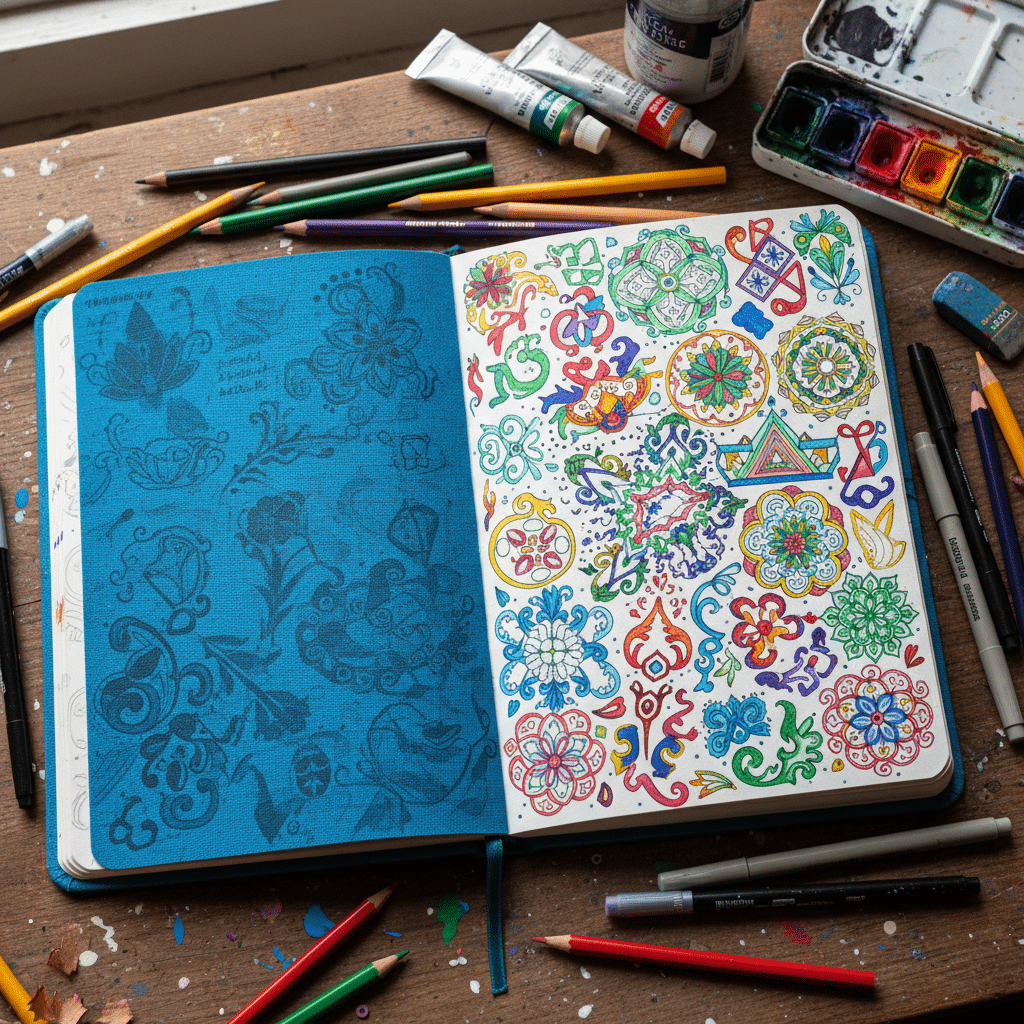 Open sketchbook with colorful intricate designs and floral doodles, surrounded by art supplies on a wooden desk.