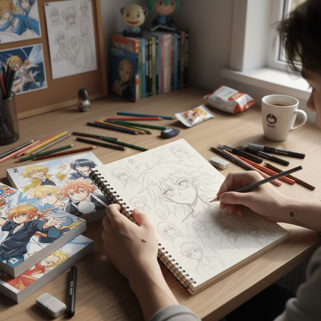 image Person sketching manga characters in a notebook at a desk with art supplies, manga books, and a coffee cup nearby. | Sky Rye Design Person sketching manga characters in a notebook at a desk with art supplies, manga books, and a coffee cup nearby.